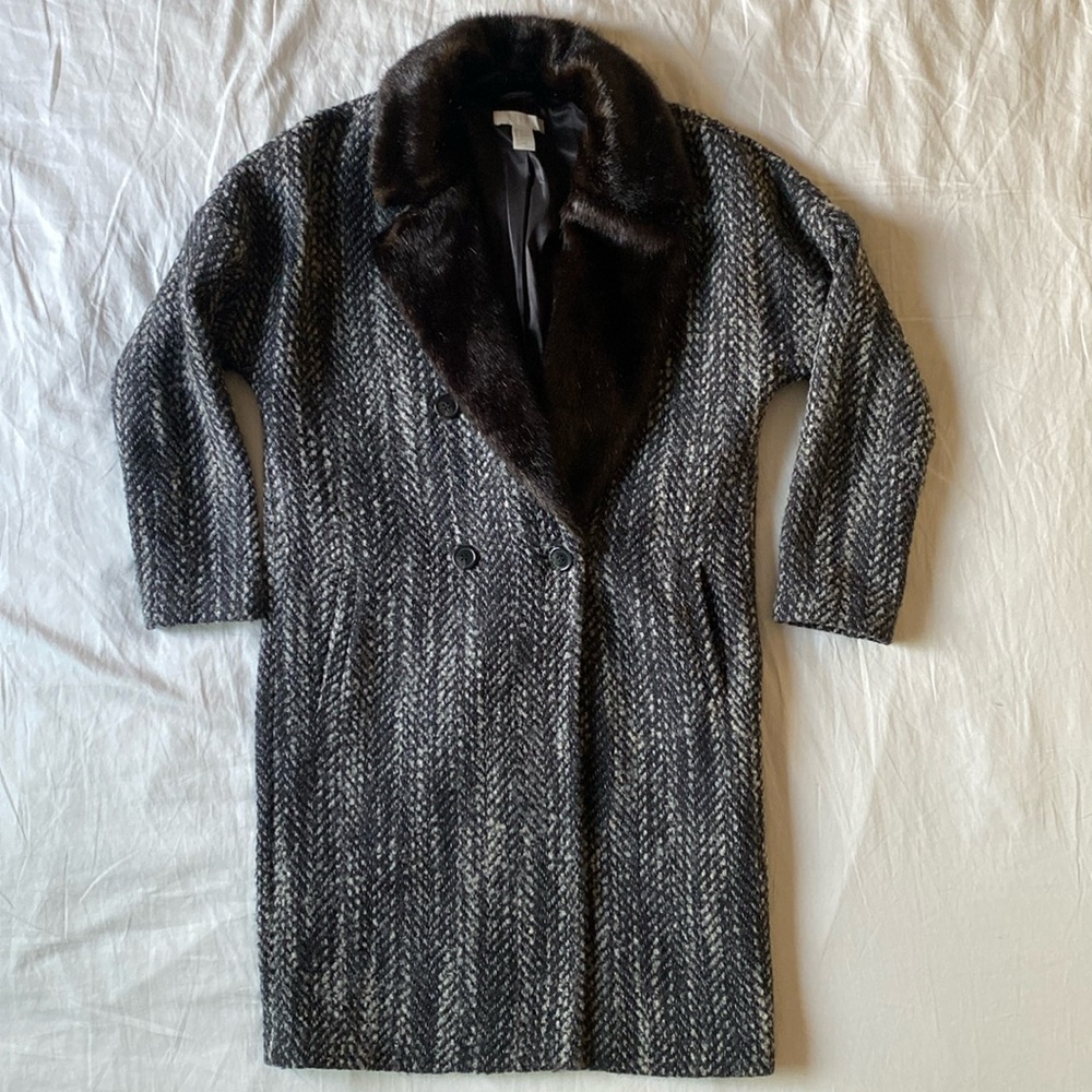 H&M Faux Fur Collar Tweed Wool Blend Long Coat Sz 6 - Picture 3 of 12